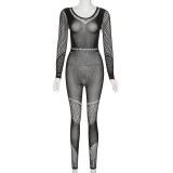 Sexy Mesh Perspective Hollow High Waist Pants Short Bodysuit
