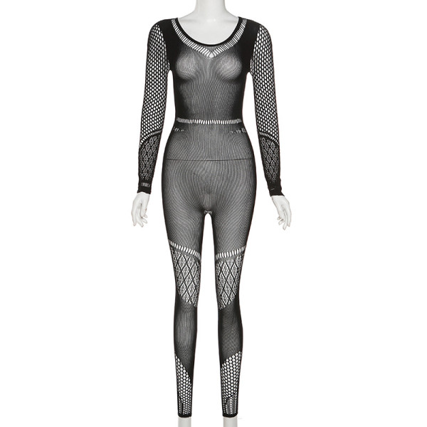 Sexy Mesh Perspective Hollow High Waist Pants Short Bodysuit
