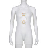 Grommet cut out contrast slim basic halter strap one piece shorts