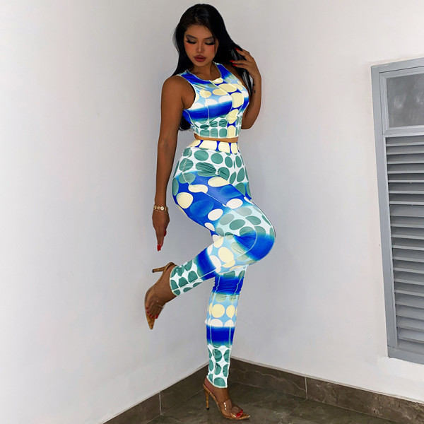 Women's polka dot printed sleeveless vest high waist leggings casual suit two-piece set
