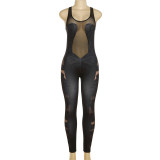 Sexy thin gauze perspective splicing tight sleeveless trousers jumpsuit