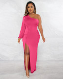 Women's Autumn Slant Shoulder Lantern Sleeve Solid Slim Split Dress Dress