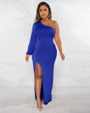 Women's Autumn Slant Shoulder Lantern Sleeve Solid Slim Split Dress Dress