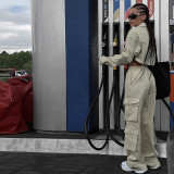 Denim overalls Hip hop style waist frill low waist multi pocket trousers