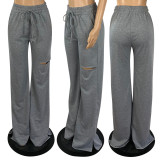 Solid color burnt flower split wide leg straight trousers