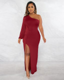 Women's Autumn Slant Shoulder Lantern Sleeve Solid Slim Split Dress Dress
