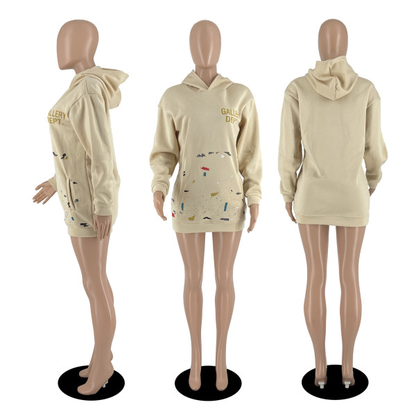 Trendy long sleeve hooded printed pocket sweater