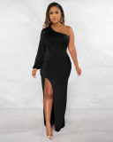 Women's Autumn Slant Shoulder Lantern Sleeve Solid Slim Split Dress Dress