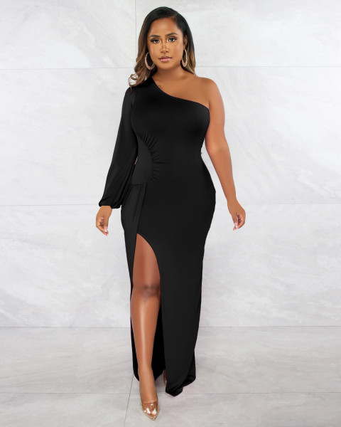 Women's Autumn Slant Shoulder Lantern Sleeve Solid Slim Split Dress Dress
