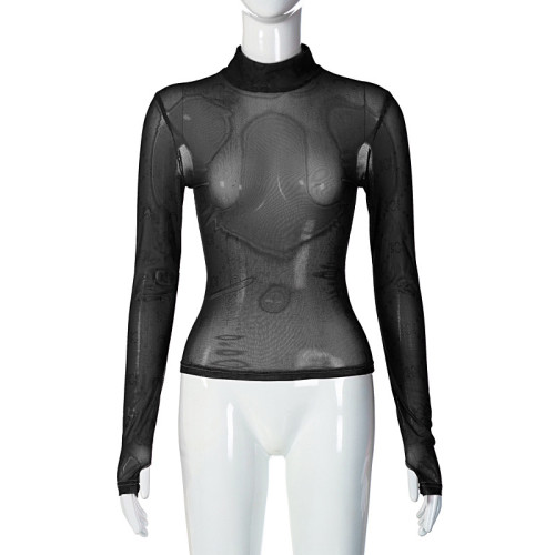 Sexy gauze perspective thin half high collar long sleeve base coat