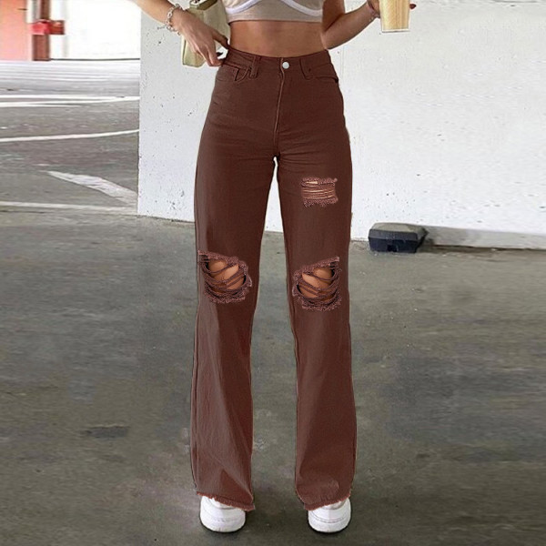 Women's fashion personality straight trousers with holes