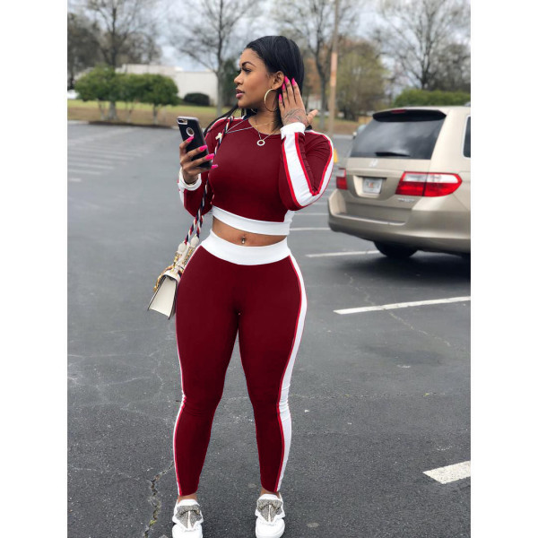 Fashion casual color contrast long sleeve trousers two-piece suit