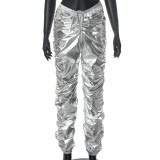 Sexy open navel low waist trousers with gold stamping and pleated casual pants