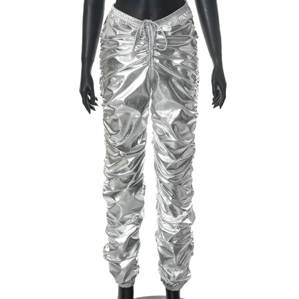 Sexy open navel low waist trousers with gold stamping and pleated casual pants