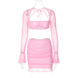Sexy one neck flared sleeve mesh top pleated tight hip skirt two-piece set