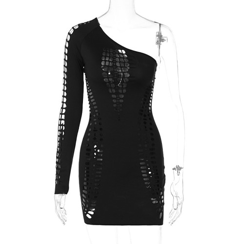 Oblique shoulder personality burn burn hole sexy tight skinny wrap hip dress