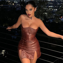 PU leather personality straight neck low chest sexy tight sleeveless backless dress PU leather personality straight neck low chest sexy tight sleeveless backless dress