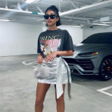 Silver fashion PU imitation leather snake print high waist lace up skirt
