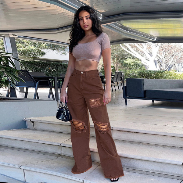 Women's fashion personality straight trousers with holes