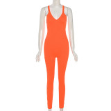 Solid low cut suspender high waist tight hip lifting casual sports jumpsuit