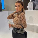 Sexy gauze perspective thin half high collar long sleeve base coat