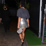 Silver fashion PU imitation leather snake print high waist lace up skirt
