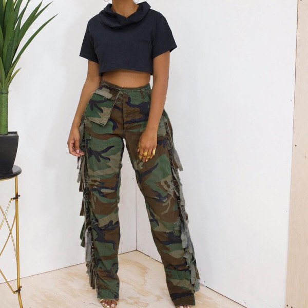 Camo personality tassel pocket casual pants