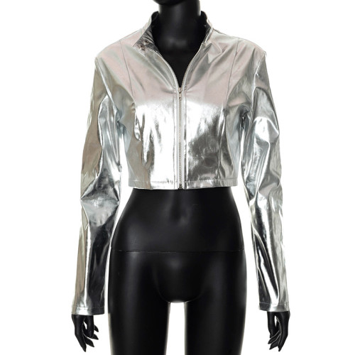 Sexy PU leather women's candy color stand collar coat