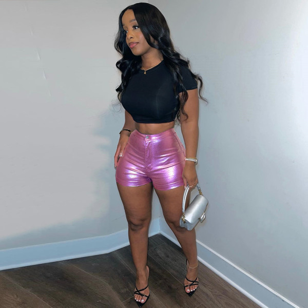 Women's sexy slim metallic splash proof PU shorts