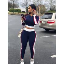 Fashion casual color contrast long sleeve trousers two-piece suit