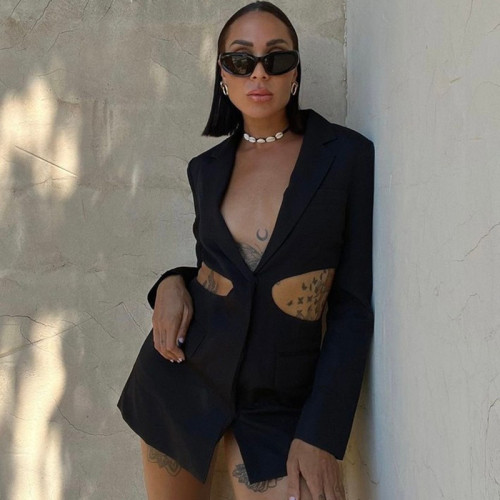 Personalized hollow waist strap mid length suit coat