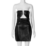 PU leather personality straight neck low chest sexy tight sleeveless backless dress