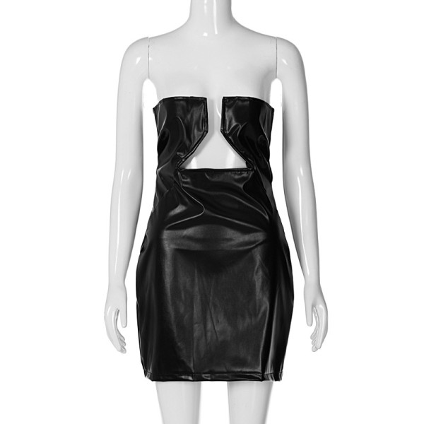 PU leather personality straight neck low chest sexy tight sleeveless backless dress