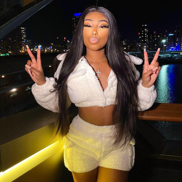 Hairy thickened open navel hollow insulation fashion short two-piece suit