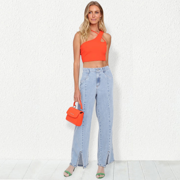 Slim Slim Slit Leg Women's Denim Straight Leg Pants