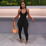 Solid low cut suspender high waist tight hip lifting casual sports jumpsuit