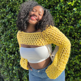 Women's solid color wool woven hollow fitting round neck long sleeve basic blouse sweater