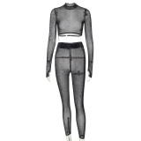 Women's sexy fashion python gauze with exposed navel and finger hole long sleeve shirt trousers casual suit
