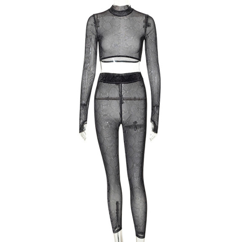 Women's sexy fashion python gauze with exposed navel and finger hole long sleeve shirt trousers casual suit