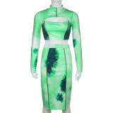 Tie dye color contrast printing half high neck cut out zipper long sleeve short top high waist skirt suit