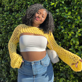 Women's solid color wool woven hollow fitting round neck long sleeve basic blouse sweater