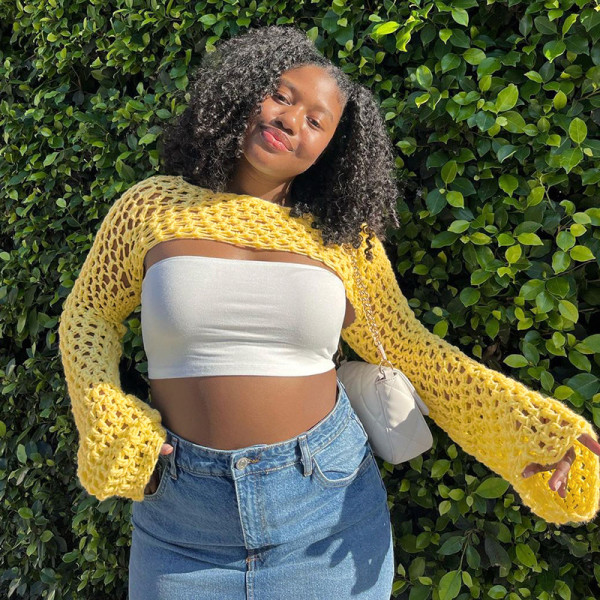 Women's solid color wool woven hollow fitting round neck long sleeve basic blouse sweater