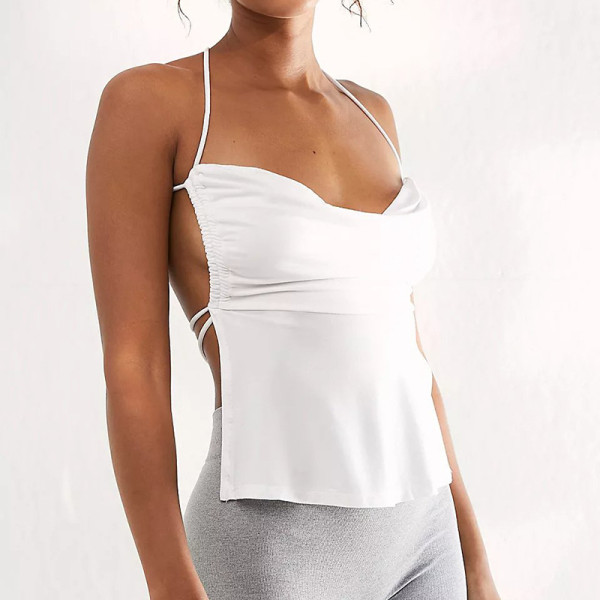 Solid open back neck tie sleeveless belly pocket top