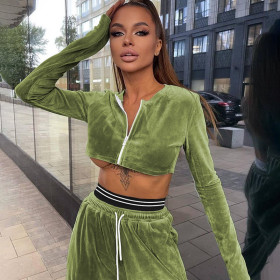 Autumn and winter solid velvet round neck long sleeve zipper super short cardigan high waist leggings casual sports suit