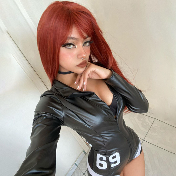 PU leather personality trend motorcycle style lapel zipper long sleeve digital printing tight one-piece shorts