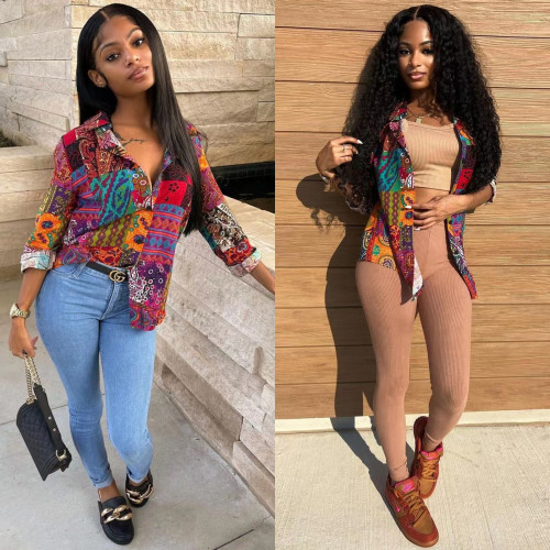 Women's fashion casual printed long sleeved shirt