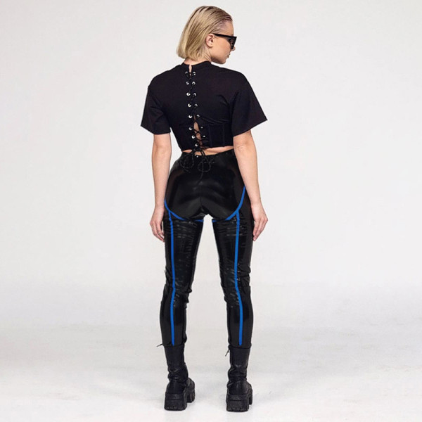 Fashionable women's motorcycle cool imitation PU bright leather high waist zipper line contrast tight leggings