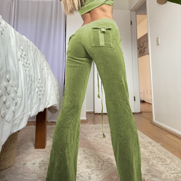 Solid velvet slim fit sports high waist slim lace up micro pull pants