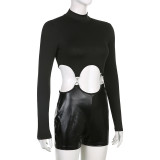 Women's solid half high neck long sleeve splicing PU hollow exposed navel personalized tight one-piece shorts