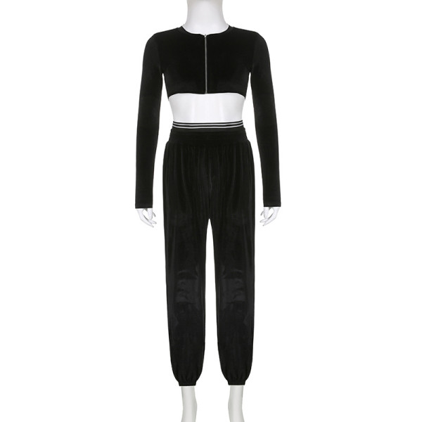 Autumn and winter solid velvet round neck long sleeve zipper super short cardigan high waist leggings casual sports suit
